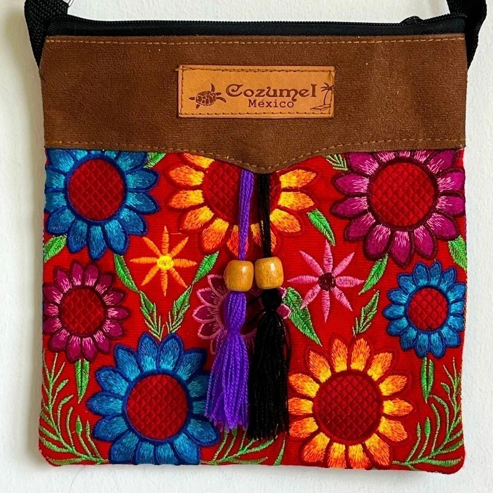Handmade Mexican floral embroidery Leather top Crossbody Bag Boho-hippie